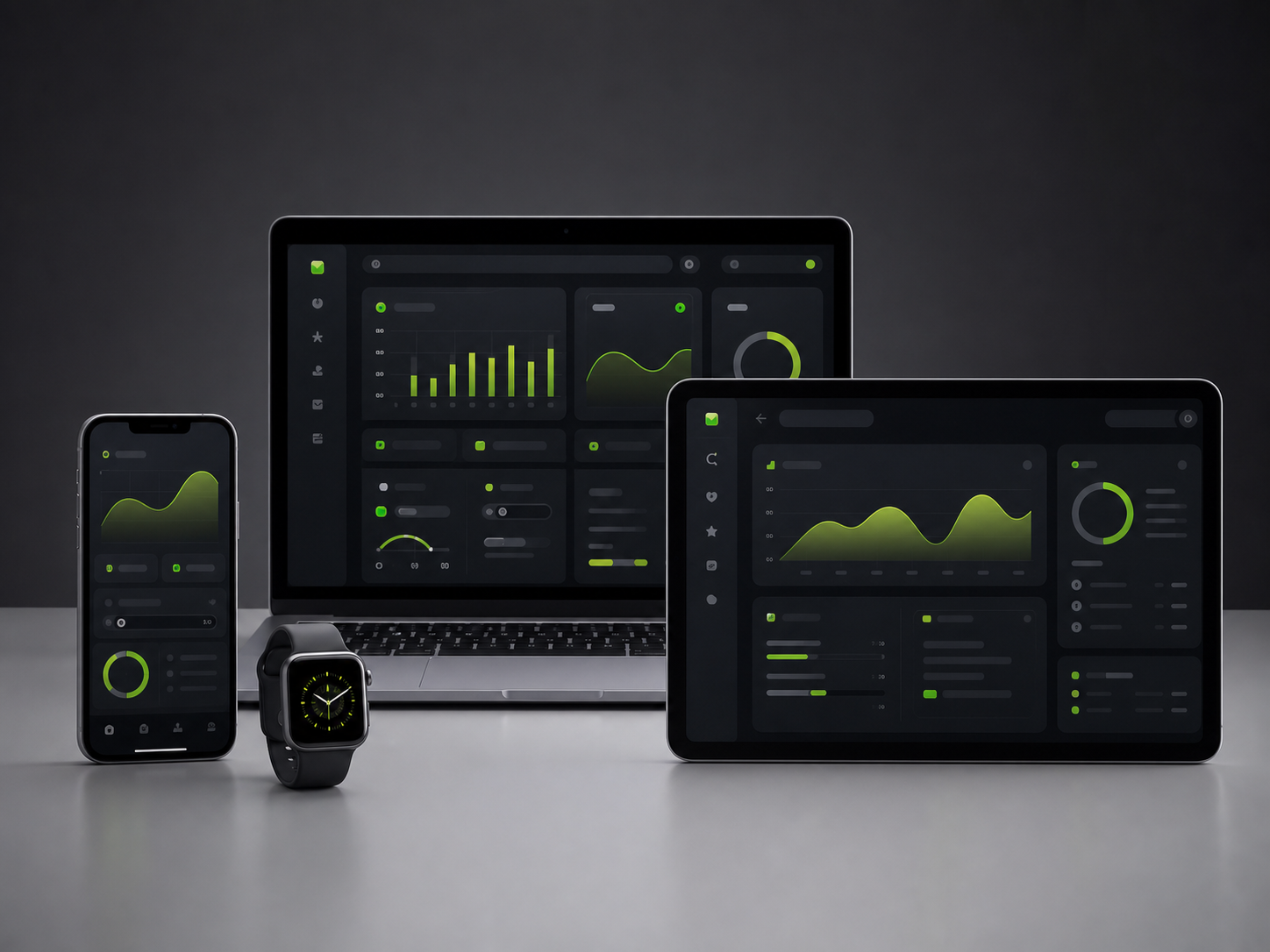 A cross-device app ecosystem shown on phone, tablet, laptop, and wearable displays